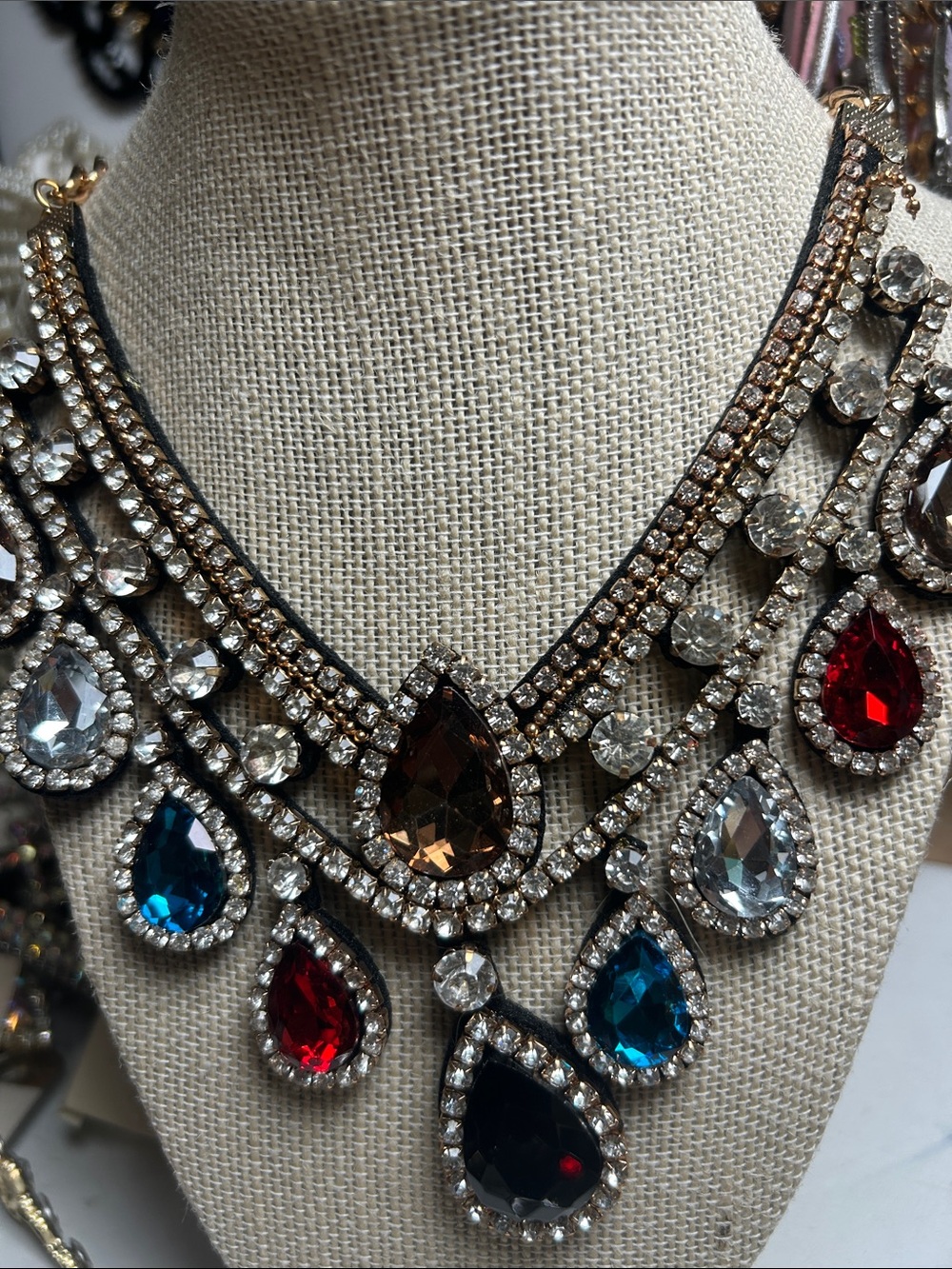 Statement Multi-Gem Teardrop Necklace - Black, Red, Blue, Brown, Clear